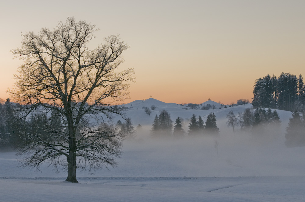 Winterabend mit Nebenschwaden in den kalten Mulden